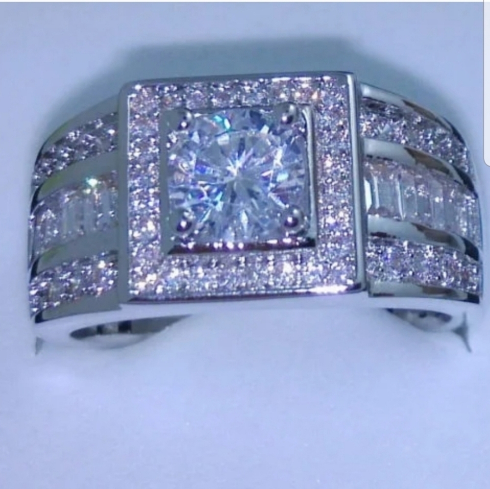 14K White Gold Sterling Silver Wedding Thick Heavy Masculine Ring Luxury - Picture 7 of 13